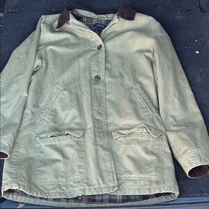Lands End Khaki Utility Jacket with Dark Brown Collar